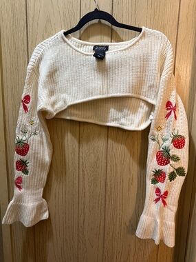 Sweet Society Cream Cropped Sweater Shrug with Strawberry Sleeve Embroidery